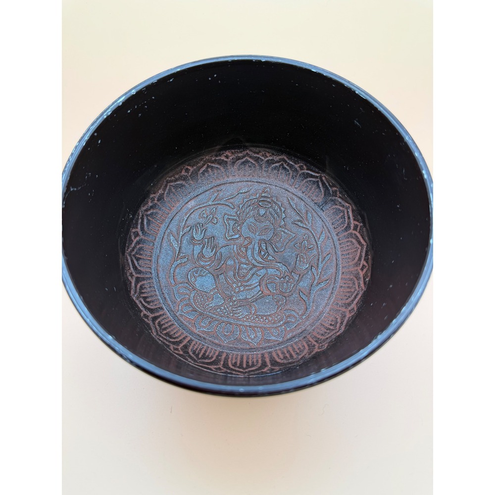 Tibetan Singing Bowl Set Ganesha Engraved Black Metal with Wooden Striker 6 inch